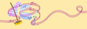 A broom, whisk and pyjama trousers with faces dance around to musical notes.