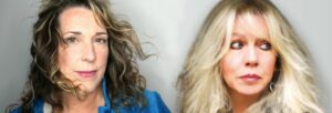 Two women pictured from the shoulders up, one with dark hair, one with fair hair,