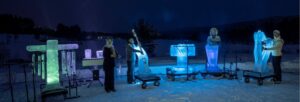 The ice quartet next to the instruments, including ice drum and an ice harp.