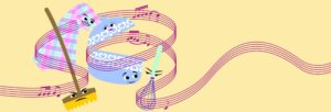 A broom, whisk and pyjama trousers with faces dance around to musical notes.