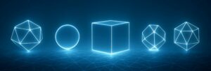 Various 3D shapes with a glowing white outline are placed against a dark blue background.