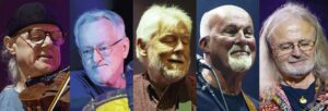 Five older looking gentlemen from the band Fairport Convention are smiling and playing various instruments, with the picture segmenting each band member segmented in rectangular slots.