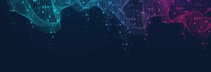 A wave of gradient pink and blue lines with a dark blue background.
