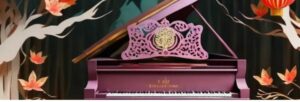 A purple grand piano against bright wallpaper with orange paper lanterns