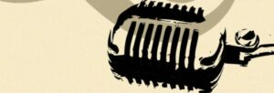 A black graphic image of a microphone with a beige background.