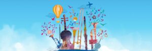 An illustrated image of brightly coloured classical instruments against a blue background