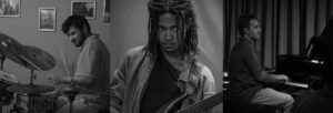 A black and white composite image of three musicians. one drummer, one guitarist and one pianist
