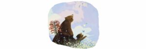 an illustration of a big brown bear sitting next to a small brown bear, both gazing up at the sky