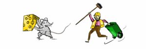 An illustration of a large rat holding a piece of yellow cheese running away from a bin man in a hard hat, dragging a wheely bin and shaking a broom angrily