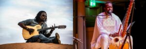 A combined image of a Black man sitting in desert sand playing the guitar and a second image of a Black man in white tunic playing the kora
