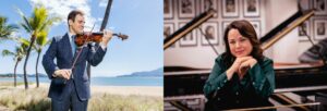 A composite image - one of a man in a blue suit in a tropical location playing the violin, the second of a smiling woman with dark hair wearing a green shirt leaning on a grand piano