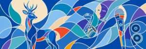 An illustration of a deer standing by a saxophone and a microphone, full of swirly shapes in all shades of blue