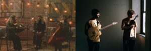 A composite image: the first showing three women - two playing violin and cello, one singing, lit by fairy lights; the second showing two men, one with a guitar, one with a violinn standing in a pool of light in a dimly lit room