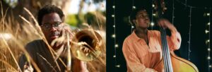 A composite image: A young Black man with a trumpet siting in a hay field / A young Black woman in a coral shirt with a double bass with fairy lights in the background
