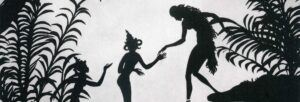 cut paper silhouettes showing three figures communicating, surrounded by plants and trees