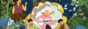A colourful illustration of a group of Indian musicians playing sarod, percussion and violin