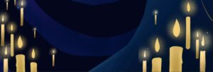 Graphic of a midnight blue backdrop with swirls and yellow candles around the border.