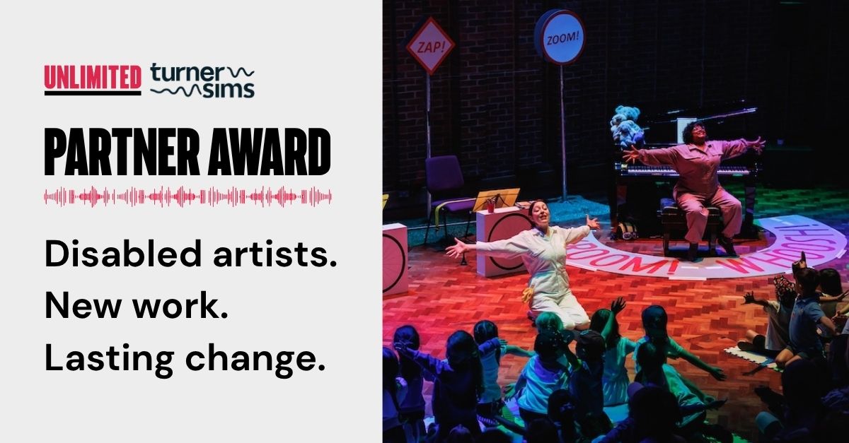 White background graphic with black text that reads: Partner Award. Disabled artists. New Work. Lasting Change.