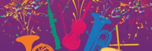 Purple graphic with multiple instruments in different colours and confetti