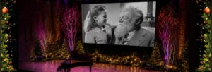 An AI image of a scene with Father Christmas and a little girl from the black and white film Miracle on 34th Street on the big screen at Turner Sims